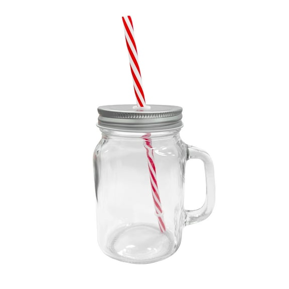 16oz Glass Mason Jar Mug with Handle, Metal Lid and Striped Straw, Beverage Container (22)
