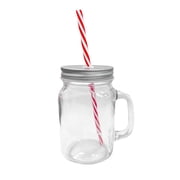 16oz Glass Mason Jar Mug with Handle, Metal Lid and Striped Straw, Beverage Container 4