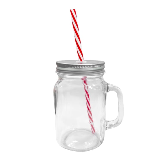 16oz Glass Mason Jar Mug with Handle, Metal Lid and Striped Straw, Beverage Container (4)