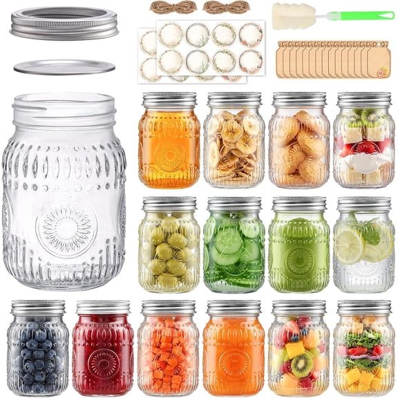 16oz Glass Mason Jars with Embossed Pattern, 15-Pack Pint Canning Jars with Airtight Lids for Fermenting,Overnight Oats,Pickling,Preserving,Ideal for Centerpieces,DIY Crafts,or Wedding Favors
