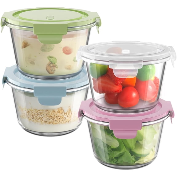 16oz Glass Meal Prep Containers, Airtight 2 Cup Storage Containers with Lids, Heat-Resistant BPA-Free Borosilicate Soup Container for Leftover, Microwave, Dishwasher&Freezer Safe (4 Packs)