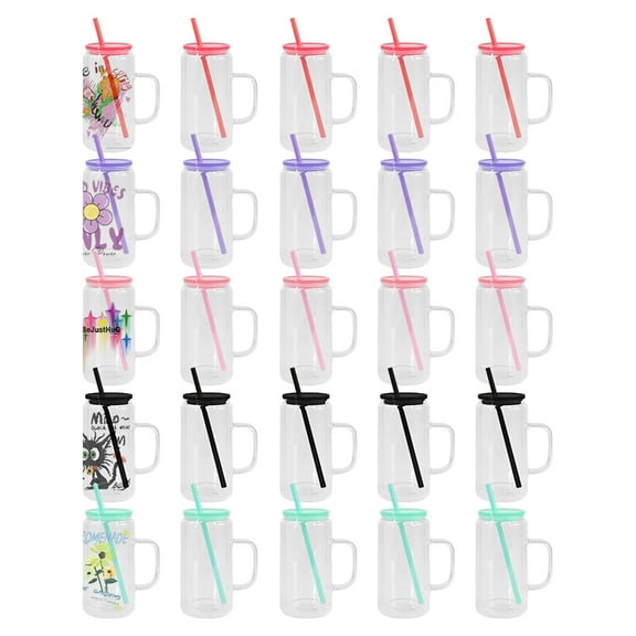 16oz Glass Snow Globe Tumbler With Handle, Sublimation Double Wall Clear Cups with Color Lids And Straw, 25 Pack for DIY Gifts and Custom Crafts