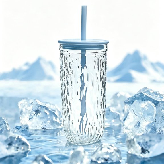 16oz Glass Tumbler with Lid and Straw, Glacier Texture Iced Coffee Cup, Aesthetic Glass Cup with Triangle Base, Reusable Cold Brew Coffee Cup