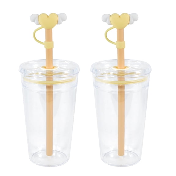 16oz Heart Cold Cup with Lid and Straw, 2 Pack Reusable Plastic Tumblers with Cute Heart Wing Straw Topper, Yellow
