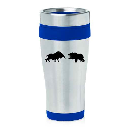 16oz Insulated Stainless Steel Travel Mug Coffee Mug Tumbler Bull Vs Bear Stock Market Day Trader (Blue)