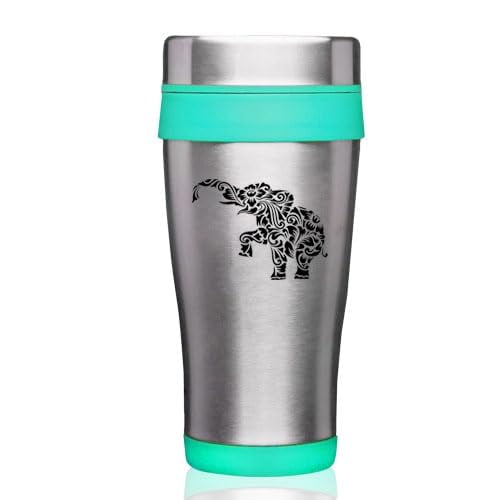 16oz Insulated Stainless Steel Travel Mug Coffee Mug Tumbler Floral Elephant (Teal)