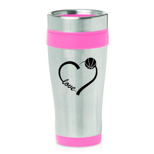16oz Insulated Stainless Steel Travel Mug Coffee Mug Tumbler Love Heart Basketball (Pink)