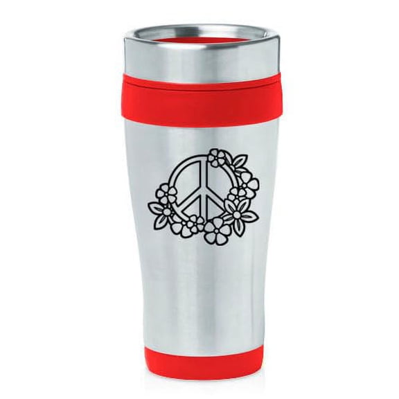 16oz Insulated Stainless Steel Travel Mug Coffee Mug Tumbler Peace Sign with Flowers (Red)