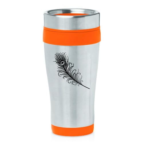 16oz Insulated Stainless Steel Travel Mug Coffee Mug Tumbler Peacock Feather (Orange)
