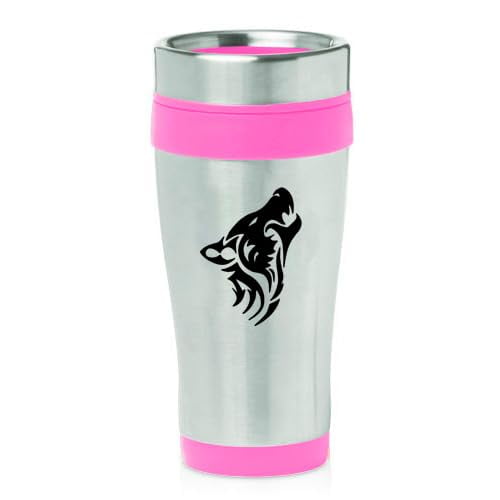 16oz Insulated Stainless Steel Travel Mug Coffee Mug Tumbler Tribal Wolf (Pink)