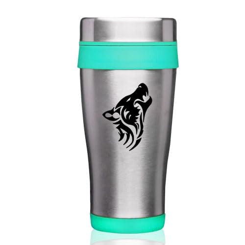 16oz Insulated Stainless Steel Travel Mug Coffee Mug Tumbler Tribal Wolf (Teal)