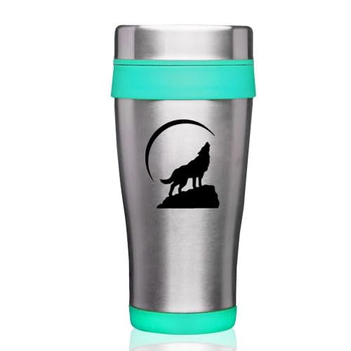 16oz Insulated Stainless Steel Travel Mug Coffee Mug Tumbler Wolf Howling At Moon (Teal)