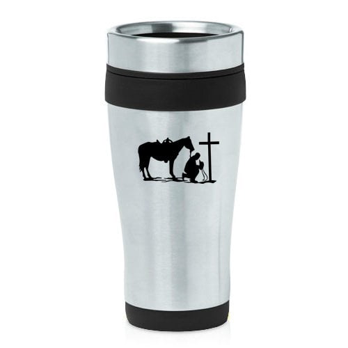 16oz Insulated Stainless Steel Travel Mug Cowboy Praying Cross Horse (Black)