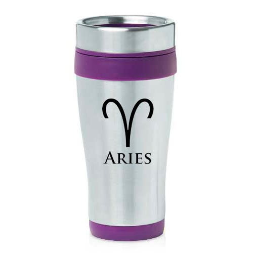 16oz Insulated Stainless Steel Travel Mug Horoscope Zodiac Birth Sign Aries (Purple)