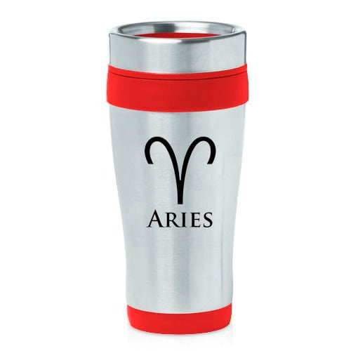 16oz Insulated Stainless Steel Travel Mug Horoscope Zodiac Birth Sign Aries (Red)
