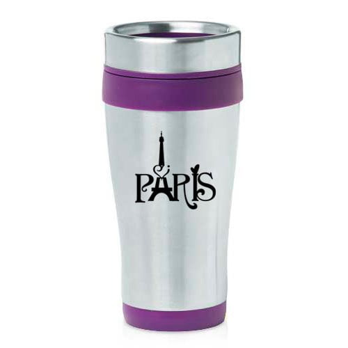16oz Insulated Stainless Steel Travel Mug Paris Eiffel Tower Heart Love (Purple)