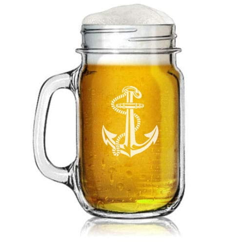 16oz Mason Jar Glass Mug w/Handle Anchor with Rope