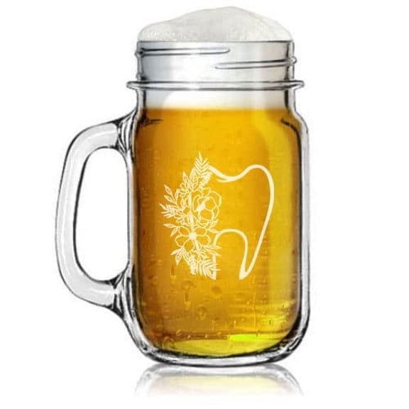 16oz Mason Jar Glass Mug w/Handle Floral Tooth Dentist Orthodontist Dental School Student Grad Hygienist Assistant Gift