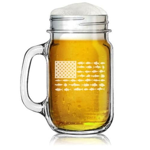 16oz Mason Jar Glass Mug w/Handle Gift American Fishing Flag Fish Fisherman