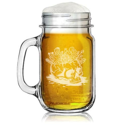 16oz Mason Jar Glass Mug w/Handle Gift Cracked Plant Skull Skeleton
