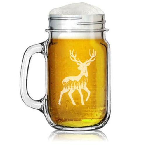 16oz Mason Jar Glass Mug w/Handle Gift Deer Forest Mountains Stars