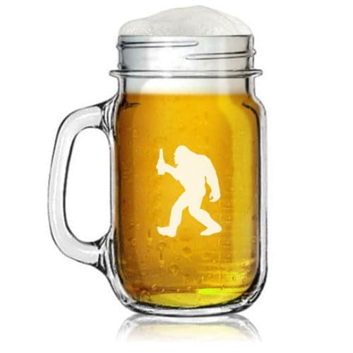 16oz Mason Jar Glass Mug w/Handle Gift Drinking Bigfoot Sasquatch With Alcohol Bottle