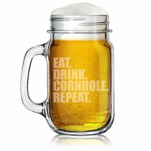 16oz Mason Jar Glass Mug w/Handle Gift Eat Drink Cornhole Repeat