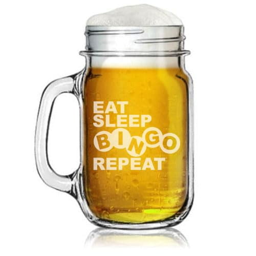 16oz Mason Jar Glass Mug w/Handle Gift Eat Sleep Bingo Repeat