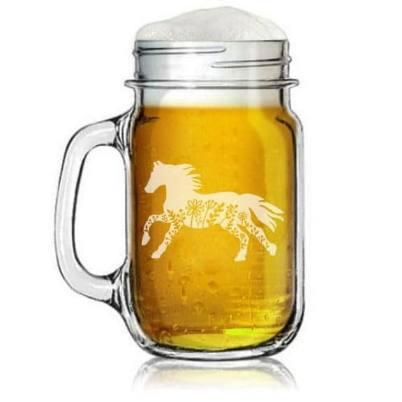 16oz Mason Jar Glass Mug w/Handle Gift Floral Horse