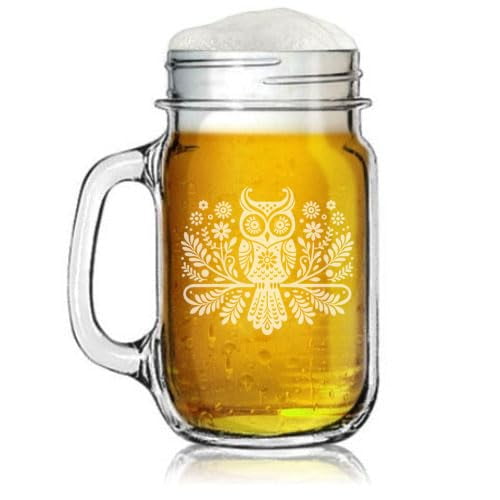 16oz Mason Jar Glass Mug w/Handle Gift Folk Art Owl