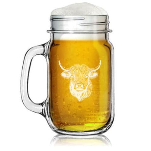 16oz Mason Jar Glass Mug w/Handle Gift Highland Cow Head