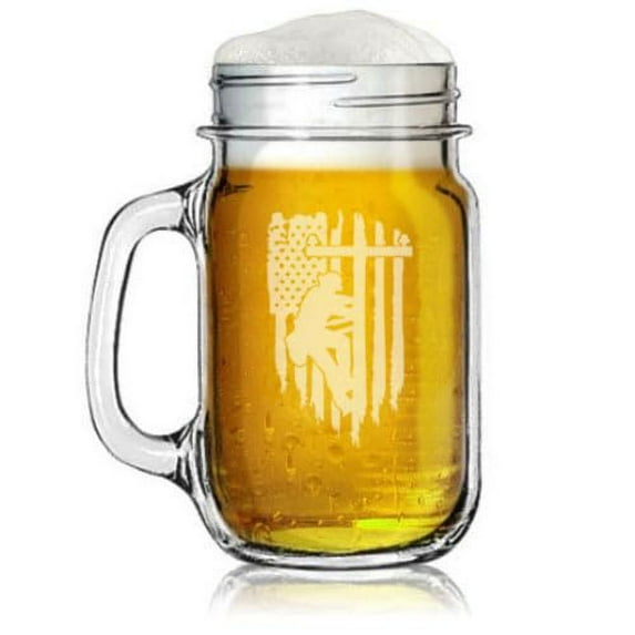 16oz Mason Jar Glass Mug w/Handle Gift Lineman American Flag