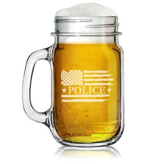 16oz Mason Jar Glass Mug w/Handle Gift Police American Flag