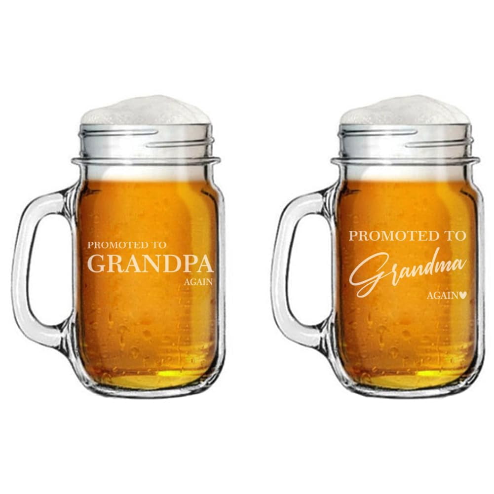 16oz Mason Jar Glass Mug w/Handle Gift Set of 2 Promoted To Grandma & Grandpa Again Second Baby Pregnancy Announcement