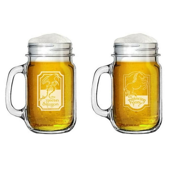 16oz Mason Jar Glass Mug w/Handle Gift Set of 2 The Prancing Pony and The Green Dragon