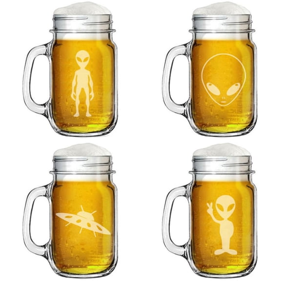 16oz Mason Jar Glass Mug w/Handle Gift Set of 4 Alien Collection