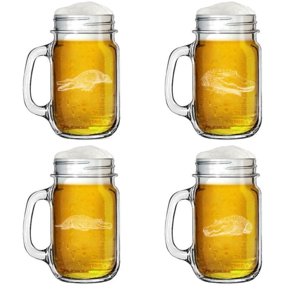 16oz Mason Jar Glass Mug w/Handle Gift Set of 4 Alligator Collection