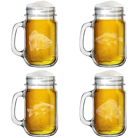 16oz Mason Jar Glass Mug w/Handle Gift Set of 4 Bass Fish Collection