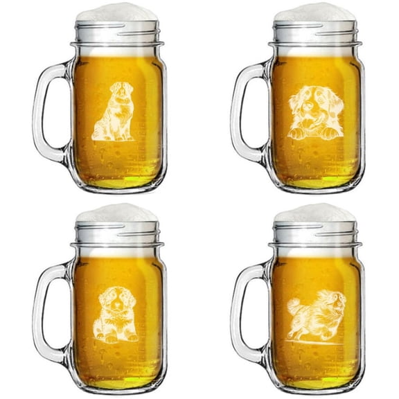 16oz Mason Jar Glass Mug w/Handle Gift Set of 4 Bernese Mountain Dog Collection