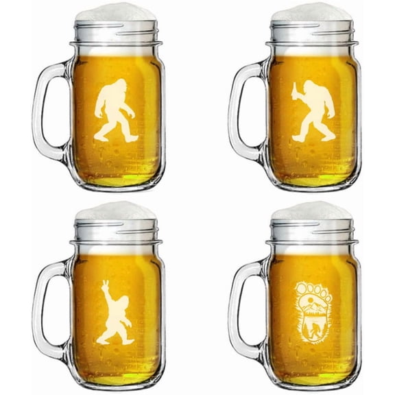 16oz Mason Jar Glass Mug w/Handle Gift Set of 4 Bigfoot Sasquatch Collection