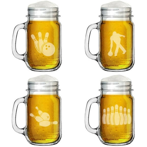 16oz Mason Jar Glass Mug w/Handle Gift Set of 4 Bowling Collection