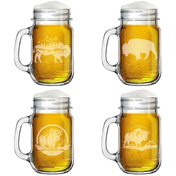 16oz Mason Jar Glass Mug w/Handle Gift Set of 4 Buffalo Bison Collection
