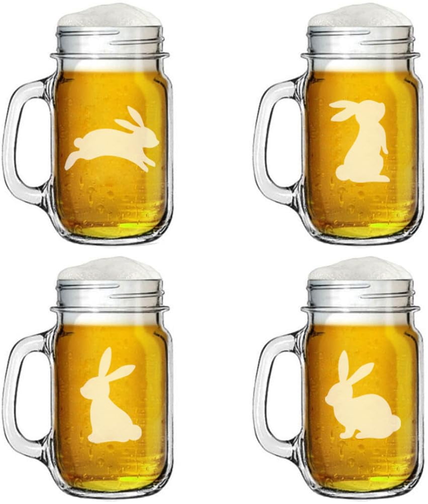 16oz Mason Jar Glass Mug w/Handle Gift Set of 4 Bunny Rabbit Collection ...
