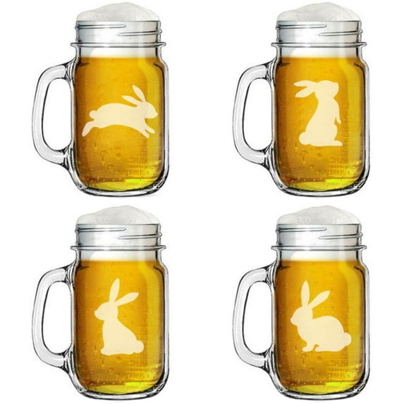 16oz Mason Jar Glass Mug w/Handle Gift Set of 4 Bunny Rabbit Collection