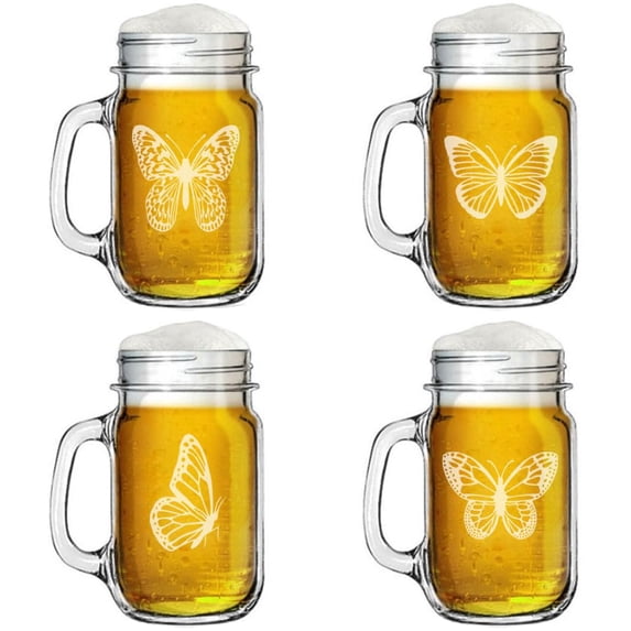 16oz Mason Jar Glass Mug w/Handle Gift Set of 4 Butterfly Collection