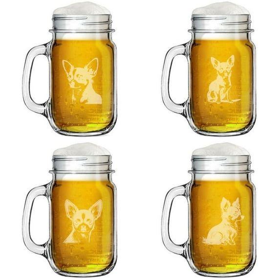 16oz Mason Jar Glass Mug w/Handle Gift Set of 4 Chihuahua Collection