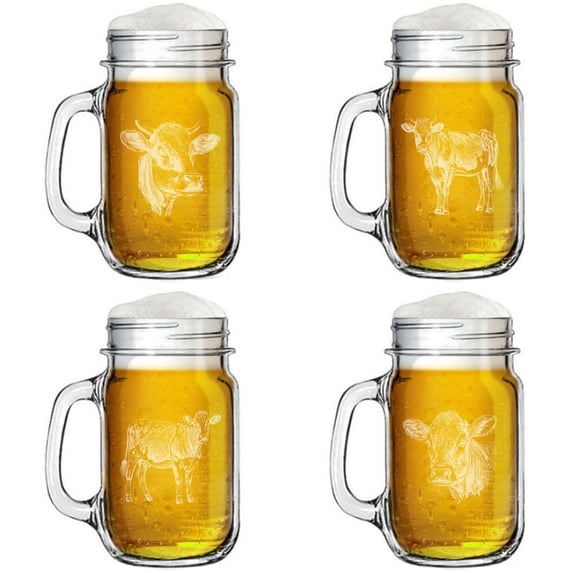 16oz Mason Jar Glass Mug w/Handle Gift Set of 4 Cow Collection