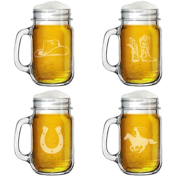 16oz Mason Jar Glass Mug w/Handle Gift Set of 4 Cowboy Collection