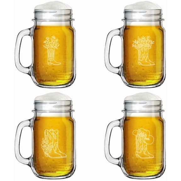 16oz Mason Jar Glass Mug w/Handle Gift Set of 4 Cowgirl Boots Floral Flowers Collection
