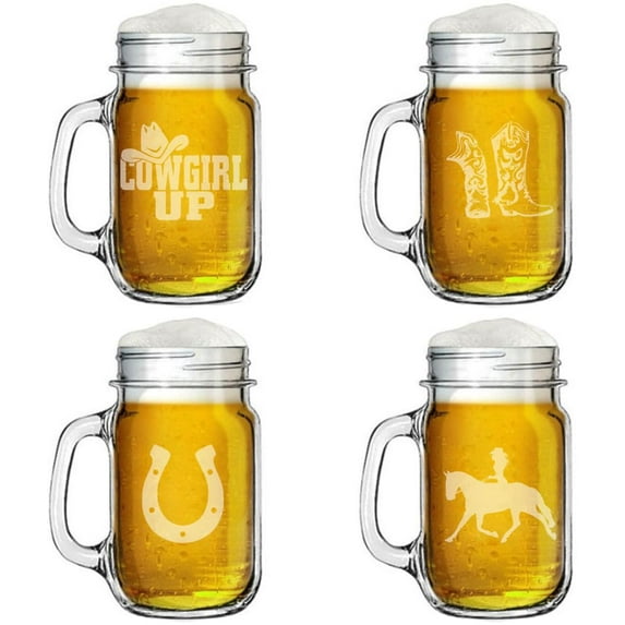 16oz Mason Jar Glass Mug w/Handle Gift Set of 4 Cowgirl Collection